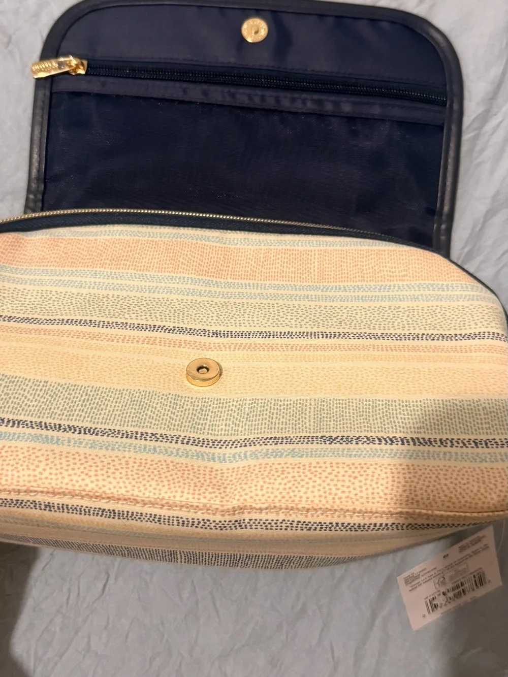Makeup Travel Organizer Striped Pastel Clutch with Navy Trim
